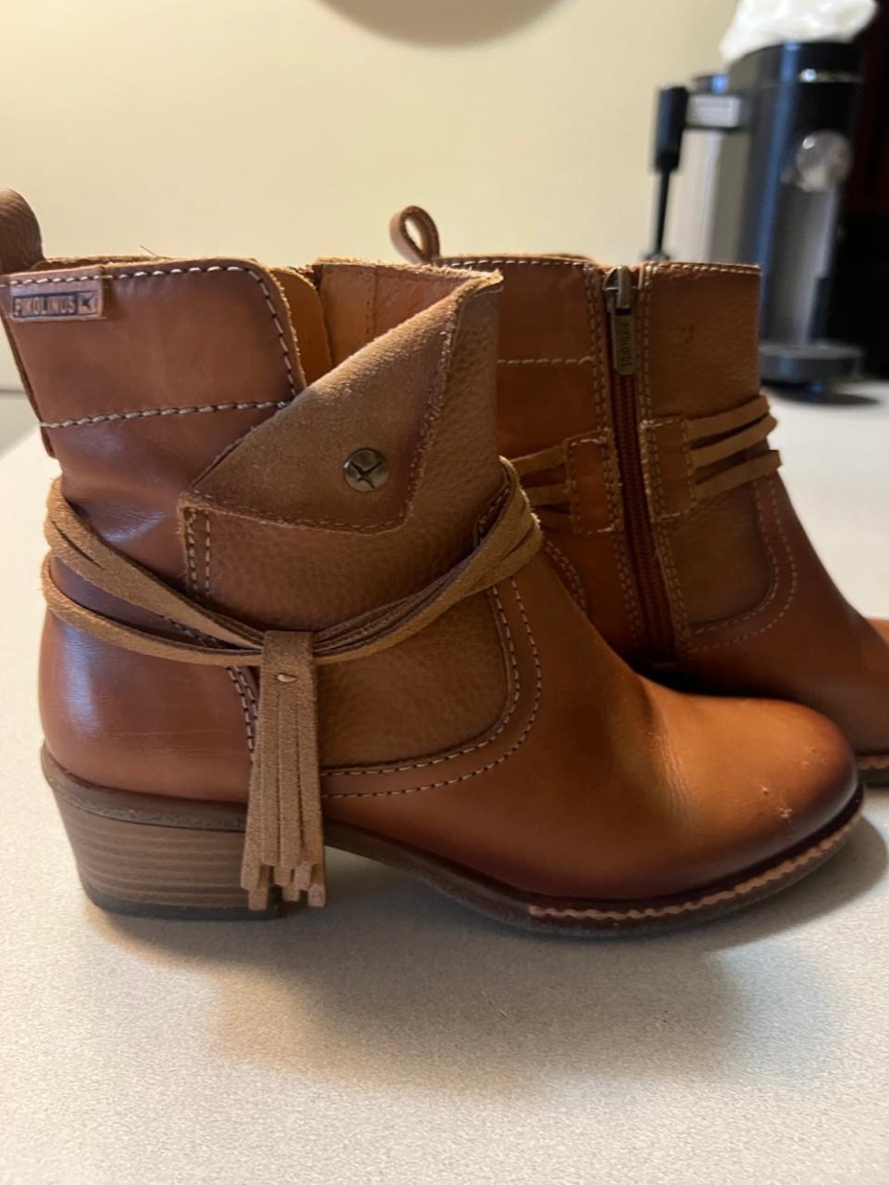 PIKOLINOS Cognac Brown Leather Ankle Booties with Tassel Wrap